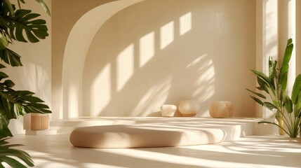 modern zen room composition, light wood furniture elements, organic textile textures, architectural shadow play, verdant indoor plants, cream color palette, calm minimalist environment