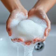 Fototapeta premium Modern Hygiene Essentials Close-Up Soap Lather on Hands in Soft Focus - Promoting Effective Handwashing Technique for Health Campaigns and Skincare Marketing