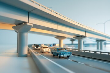 Miniature cars drive under a large highway overpass, showcasing a model transportation scene.