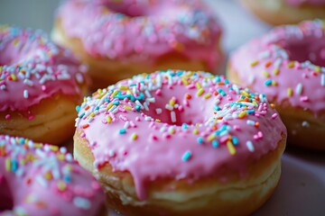 Delicious pink frosted donuts topped with colorful sprinkles