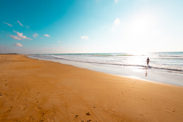 Happy beautiful young woman walking on the beach.Carefree girl walking along the beach on a sunny day.
