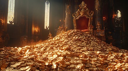 A large mound of gold coins piled up in front of an ornate throne