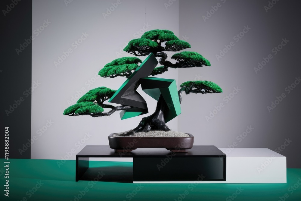 Poster a modern bonsai tree with an abstract geometric sculpture integrated into its design.