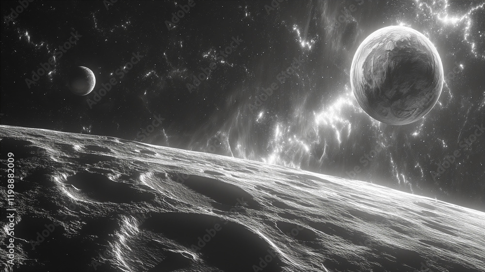 Canvas Prints distant planets and a swirling black hole in outer space landscape surreal background. generative ai