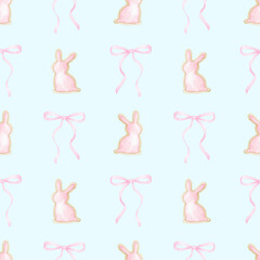 Easter bunny, bow. Watercolor seamless pattern for Easter in pastel colors. Background for children's textiles and wrapping paper