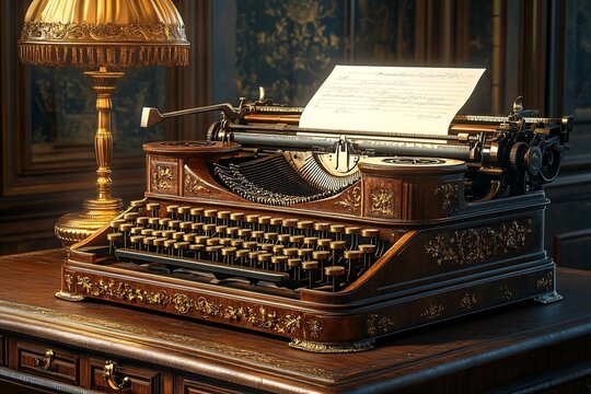 A vintage typewriter with a sheet of paper partially typed, sitting on a wooden desk beside an antique lamp, photorealistic