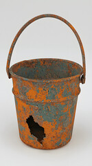 Rusty metal bucket with a hole