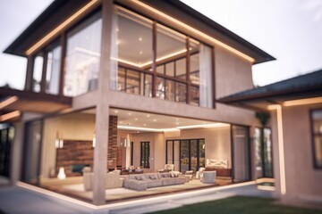 Modern luxury house with expansive glass walls, showcasing an open-plan living area and outdoor space.
