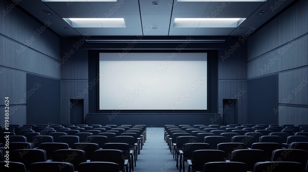 Aufkleber conference event space with a large screen and rows of chairs, set up for a business presentation or