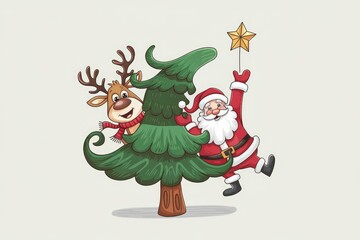 Fototapeta premium Santa, reindeer, and a Christmas tree cheerfully celebrate the holiday season.