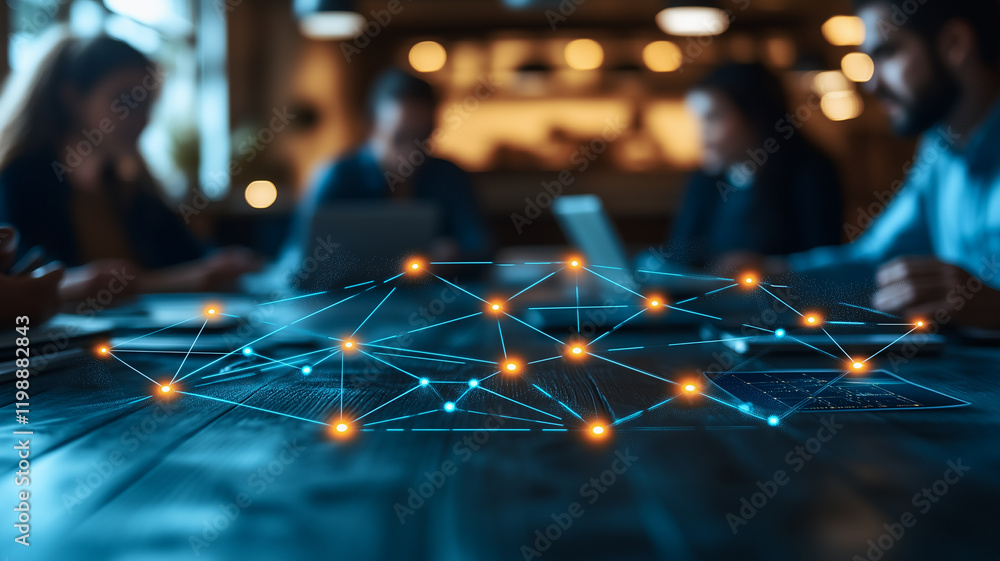 Poster networking and collaboration: a digital network visualized on a table with blurred background of bus