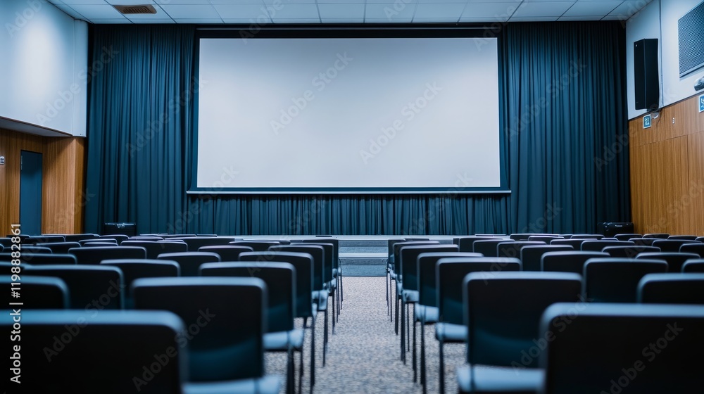 Poster conference event space with a large screen and rows of chairs, set up for a business presentation or