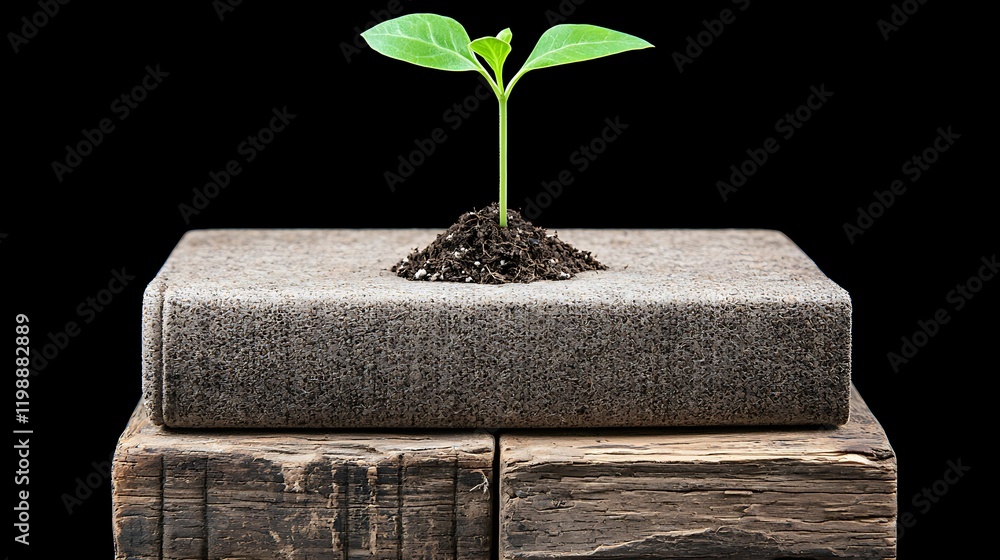 Poster a small green plant grows from a block of concrete, symbolizing resilience and life emerging from a 