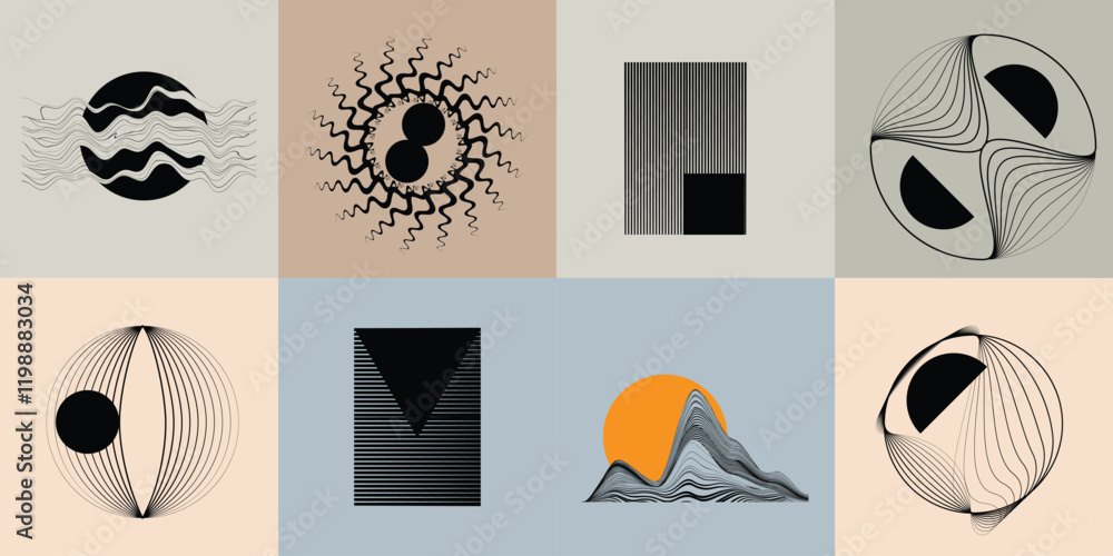 Poster art composition with lines in circle and semi circle shapes .modern art design .neutral color stripe