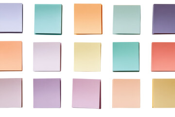 Colorful sticky notes arranged neatly in a grid pattern on a clean white background for organization and creativity