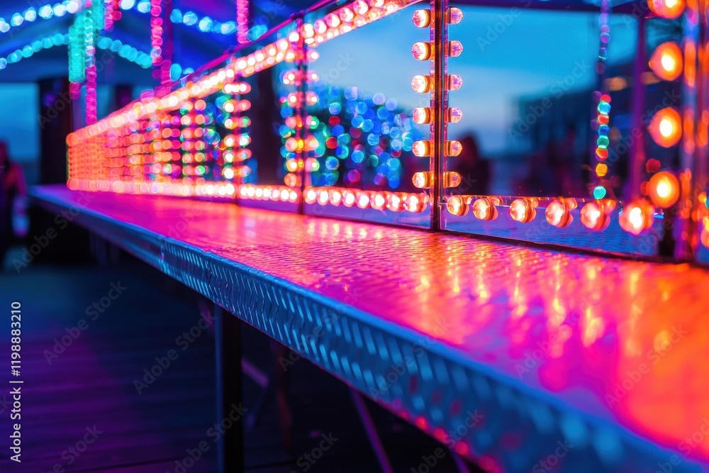 Poster a vibrant display of colorful lights reflecting in a mirror-like surface, creating a festive and whi