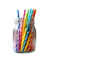 Colorful striped straws in a jar on a white background provide a festive touch to any celebration or event