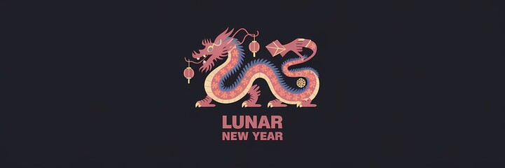 Fototapeta premium A dark theme, minimalist Lunar New Year poster with a creative illustration of a dragon. The dragon is made up of various Lunar New Year symbols such as lanterns, firecrackers, and red envelopes. 