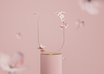 3D background, pink podium display. Sakura pink flower falling. Cosmetic or beauty product promotion step floral, pastel pedestal. Abstract minimal 3D render copy space spring, valentine mockup.	