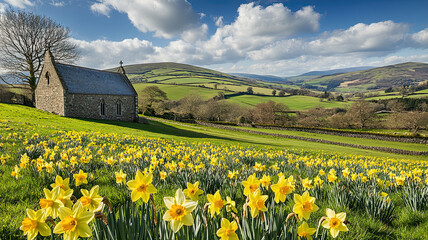 A picturesque scene of a field of yellow daffodils with a stone church in the background. The sun is shining brightly, casting a warm glow on the flowers and the surrounding landscape