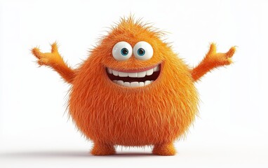 Fototapeta premium Cute furry orange monster, 3D cartoon character, with a round body and floppy arms, isolated on white background