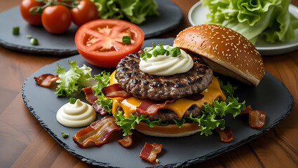 A juicy keto burger with a beef patty, melted cheddar cheese, crispy bacon, lettuce, tomato, and a dollop of mayonnaise, served on a slate plate