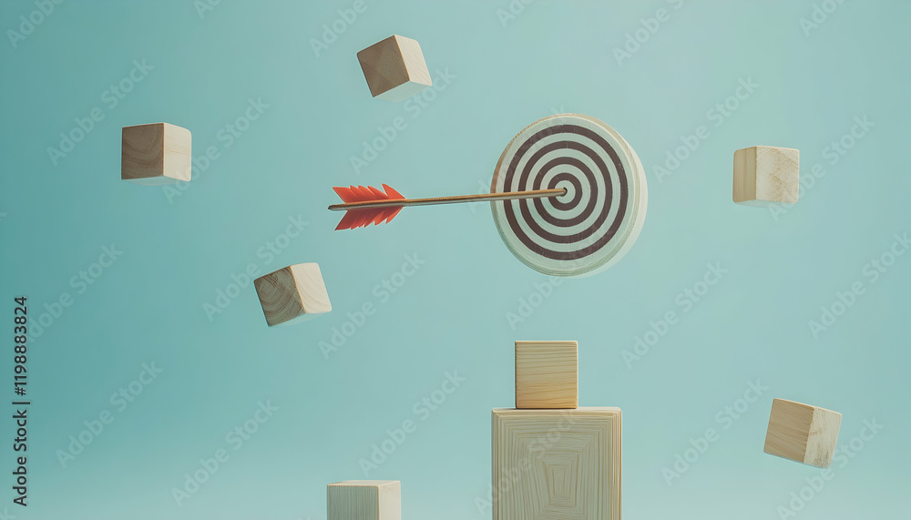 Poster precision in business strategy with wooden blocks and a target arrow symbol on a light blue backgrou