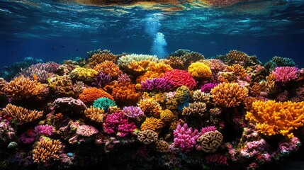 Naklejka premium Vibrant coral reef underwater scene, ocean life, marine ecosystem, nature conservation