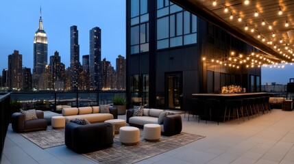 Chic rooftop lounge with sparkling city skyline, offering a sophisticated setting for nighttime gatherings and leisure.