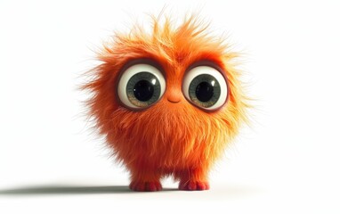 Fototapeta premium Cute little monster with big eyes and a fluffy body, standing on a clean white background