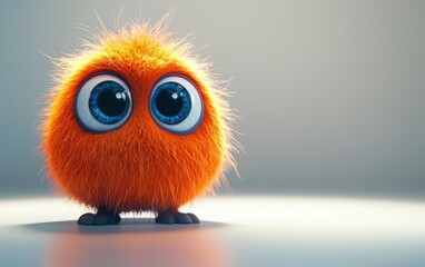 Fototapeta premium Cute little monster with big eyes and a fluffy body, standing on a clean white background
