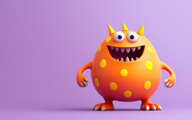 Cute orange 3D monster with a big round belly, a small navel, and yellow polka dots, standing on a pastel purple background
