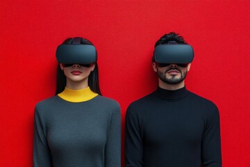 Modern man and woman wearing sleek virtual reality headsets, standing still against a bold red background, symbolizing future tech trends and innovation.