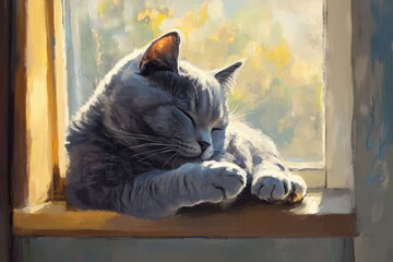 British Shorthair cat grooming in sunlight on window seat