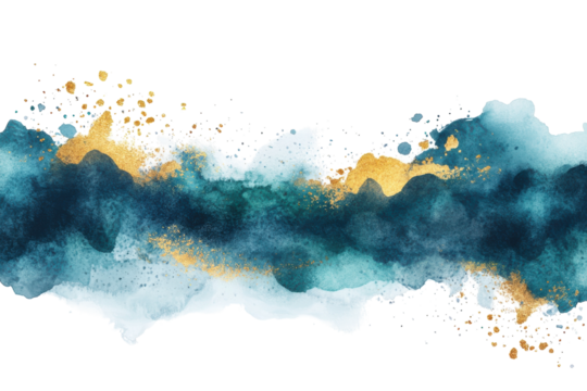 Colorful abstract artwork featuring shades of blue with gold accents creating a dynamic visual impact