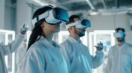 Professionals immersed in virtual reality in futuristic white lab