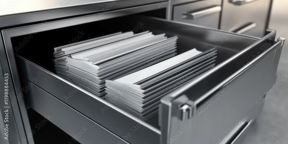Poster a file cabinet with a drawer open, revealing stacked files and folders