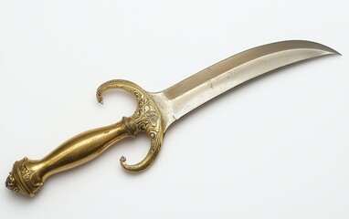 Double-edged dagger with a gold hilt and a clean white background