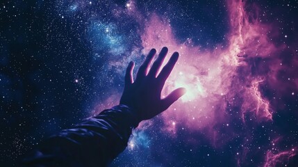 Hand Reaching Towards Vibrant Nebula Cosmic Space Exploration Starry Night