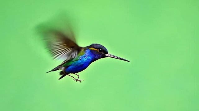 Blue-throated Hillstar in Flight: A vibrant blue-throated hillstar hummingbird with iridescent plumage soars effortlessly against a lush green background, capturing its incredible agility and beauty.