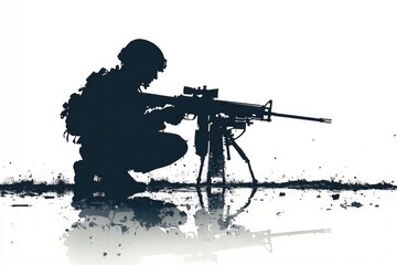 A soldier holding a machine gun in a silhouette form
