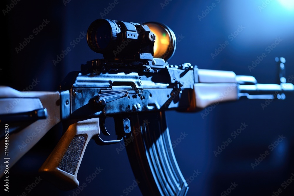 Poster a close-up image of a machine gun with a red aiming dot, suitable for use in military or tactical co