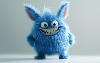 Fototapeta premium Fluffy blue monster with oversized ears and a cute grin, standing on a clean white surface