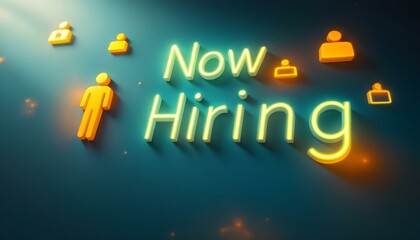 Neon Now Hiring Sign with Glowing Icons