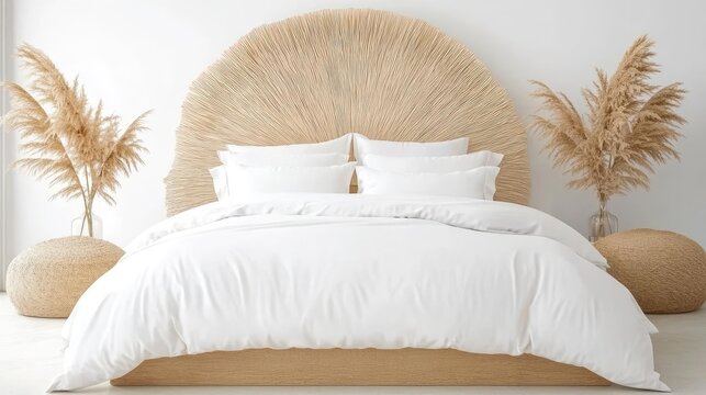 White bedding, pampas grass decor, bedroom interior design, boho chic style, home decor inspiration