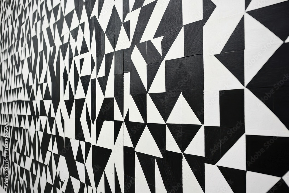 Aufkleber a dynamic black and white wall featuring an abstract pattern of various geometric triangles.