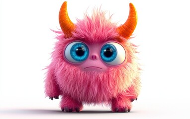 Fluffy pink monster with bright orange horns and big blue eyes, standing on a bright white background