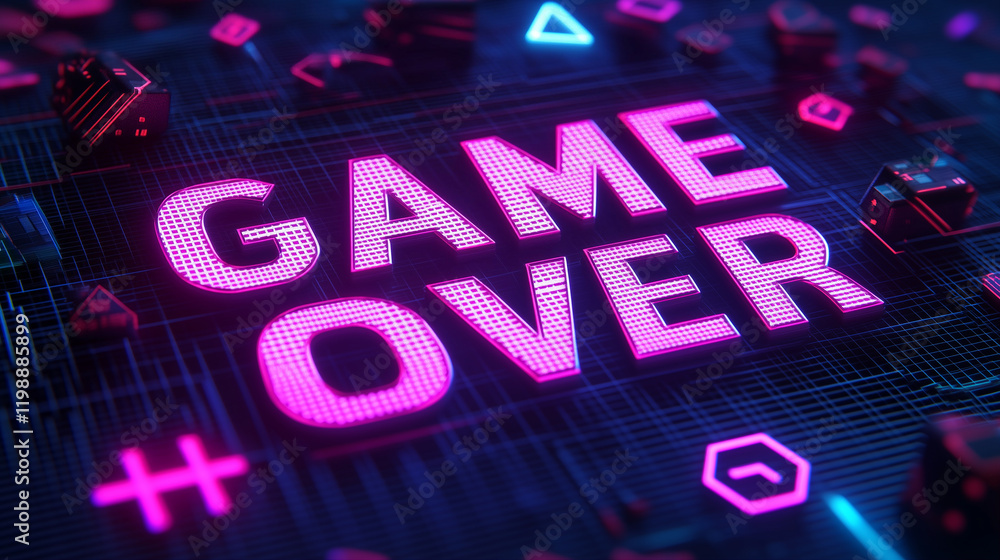 Poster game over text in neon style with vibrant colors on video game screen displaying digital graphics