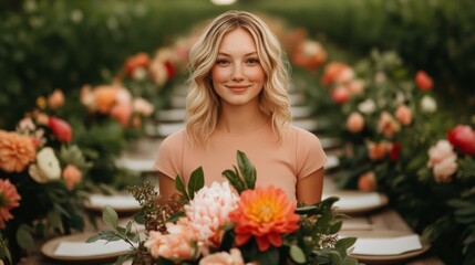 Romantic Botanical Wedding Reception Cinematic Garden Long Table Setting with Floral Elegance - Event Stock Image for Modern Wedding Planning and Visual Branding