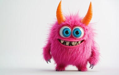 Obraz premium Fluffy pink monster with bright orange horns and big blue eyes, standing on a bright white background